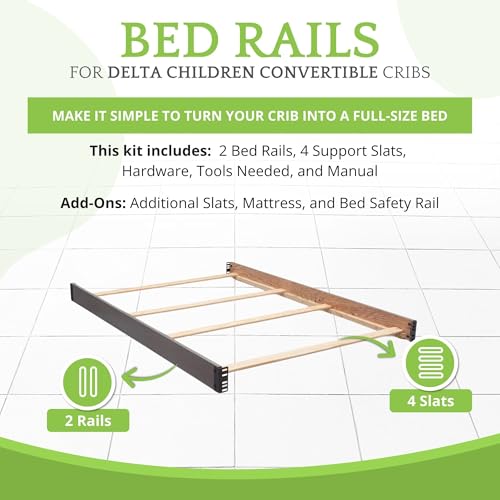 Image of Full-Size Conversion Kit Bed Rails Compatible with Delta Children Convertible Cribs - Solid Wood Rail #0050 - Toddler and Adult Bed Rail for Full-Size Beds - Baby Furniture (Storm - 161)