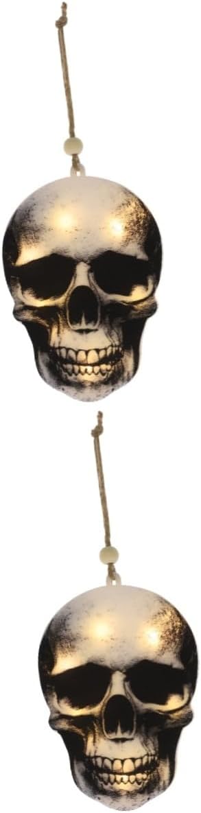 2pcs Halloween Lights LED Skull Head Lamp Halloween Indoor Decors LED Decor Horror Room Decorative Lamp Halloween Decoration Props Halloween Skeleton Glow Decorations Wooden Beads