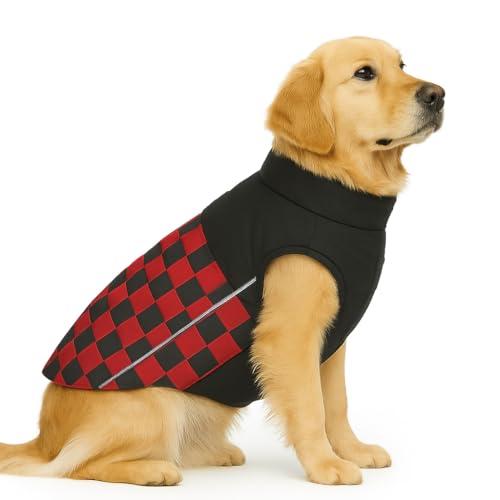 Image of The Pets Company Dog Winter Coat Jacket, Clothes, Windproof, Waterproof, Light Weight, Washable, Ultra Warm Thick Fleece Lined Dog Vest for Cold Weather Protection, (Red Check, Large - 26 Inch)