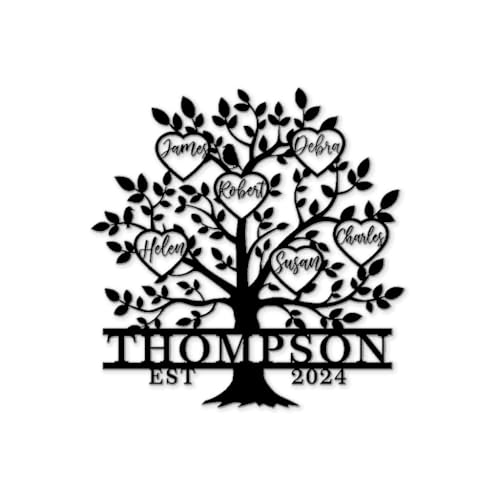 Custom Family Names Tree Metal Sign - Personalized Tree of Life Wall Decor, Black Nature Theme Art, Gift for Home, Bedroom