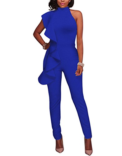 Engood Women's Sexy Ruffle Strapless High Waist Clubwear Long Wide Leg Pants Jumpsuit Rompers Blue XL