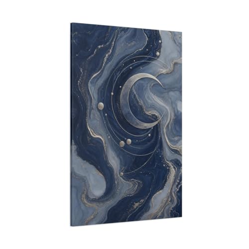 Toile lune bleu et or, art mural abstrait vertical grand format pour un salon apaisant