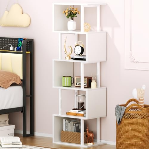 Image of Furologee White Geometric Bookshelf 6 Tier S-Shaped Bookcase, Tall Modern Display Storage Shelf, Metal and Wood Decorative Freestanding Room Divider Shelves for Bedroom, Living Room, Office