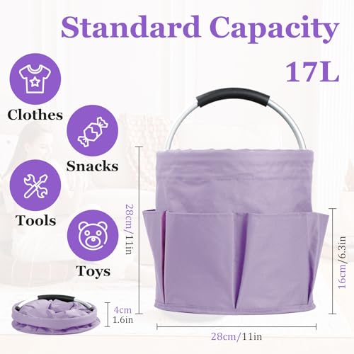 Image of 17L Purple Shower Caddy for Women, Foldable Cleaning Caddy with Handle and 6 Pockets, 600D Oxford Fabric Garden Tool Bag, Multifunctional Storage Basket for College, Dorm, Family, Purple