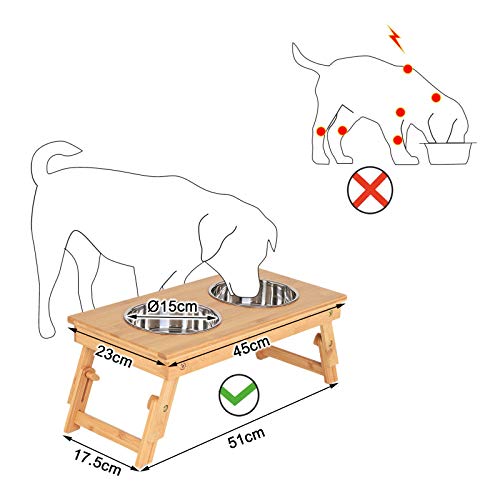 lionto höhenverstellbarer Hundenapf aus robustem Bambus, 45x23 cm, Höhe 14,5-18,5 cm, doppelter Futternapf für Hunde & Katzen, 2 spülmaschinenfeste Edelstahlnäpfe Ø 15 cm& je 700ml Fassungsvermögen