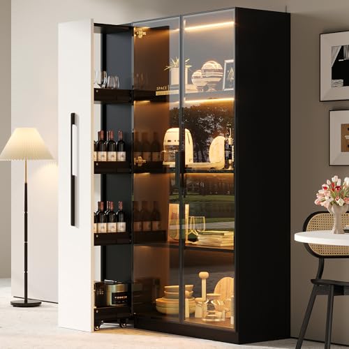 ZKLOEP Armario multifunción 110,5 × 35 × 160 cm – Diseño blanco y negro – Vitrina con puerta de cristal & LED – Con ruedas, estilo moderno, versátil como estantería, baño o comedor