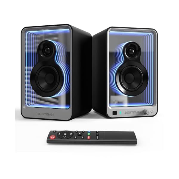 BESTISAN SR15 Bluetooth Bookshelf Speakers, Active Stereo Speakers for TV/Record Player with Subwoofer Out and Light Effects, Turntable Speakers with Optical/ARC/RCA Inputs for PC and TVs