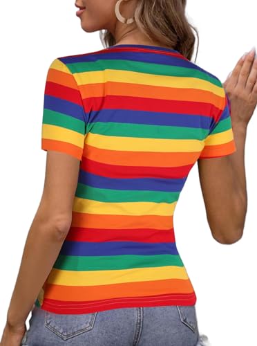 LilyCoco Womens Rainbow Striped Shirt Short Sleeve Colorblock Tops Crew Neck Fitted Tshirts2