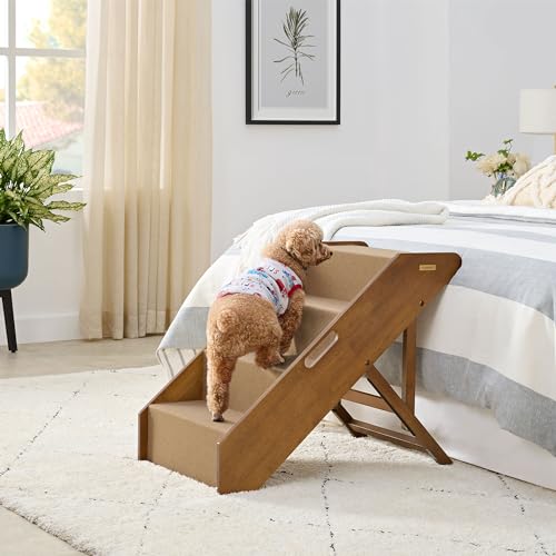 MECO Stakmore Pet Steps with Solid Fruitwood Construction and Foldable Design, Stairs for High Beds for Pets in All Life Stages, Brown Felt