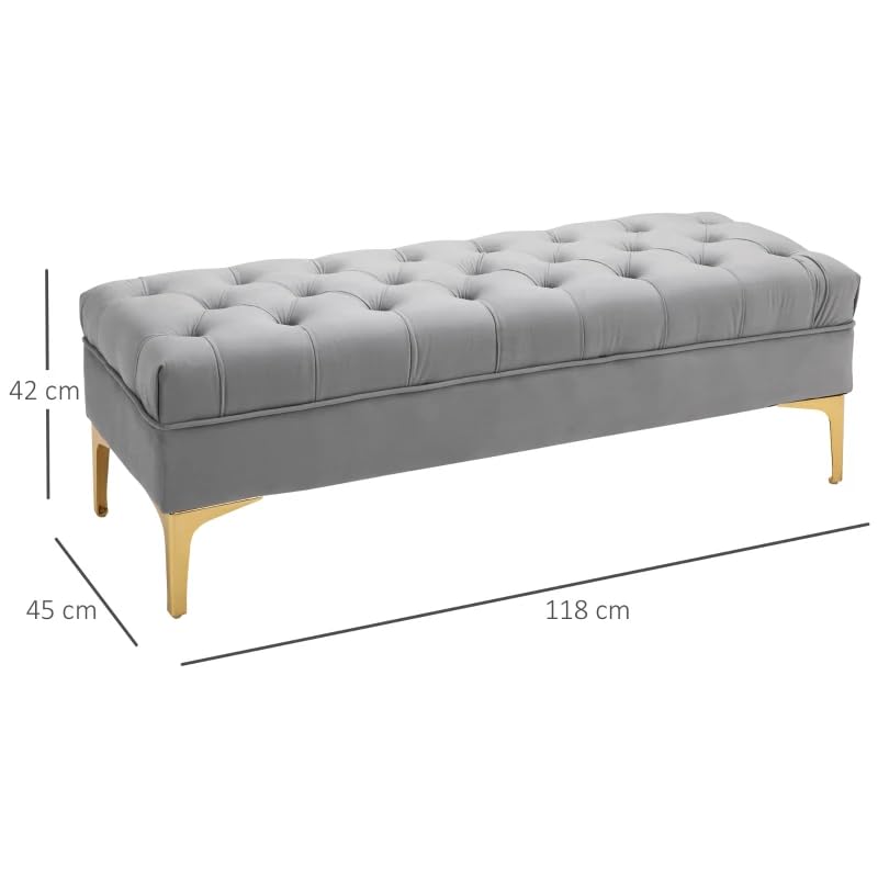 Image of Modern Velvet Tufted Ottoman Upholstered | Upholstered Long Ottoman for Bedroom, Living Room, Entryway & End of Bed Seating | Luxury Accent Furniture, Padded Cushion Seat| Grey