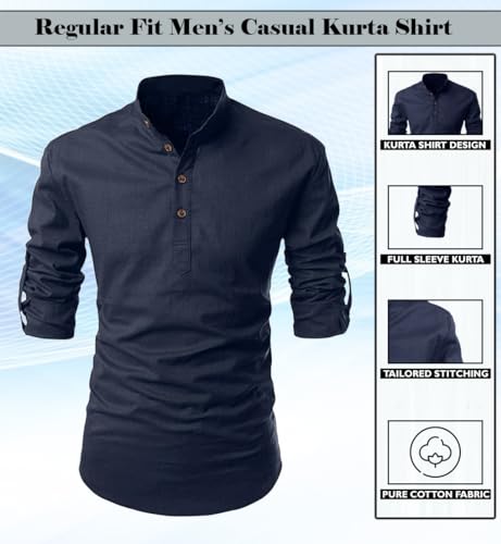 Image of FINIVO FASHION Men's Cotton Blend Solid Full Sleeve Short Kurta Shirt, Regular Fit Solid Pattern Mandarin Collar Straight Kurta Shirt