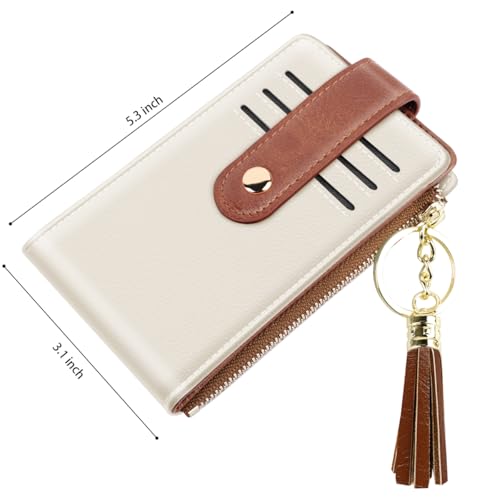 Bifold Wallet RFID Credit Card Wallet Card Holder for Women or Men with Keychain Zipper Pocket with Tassel Zipper Coin Pockett,Cream3