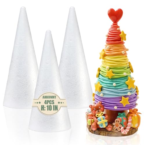 4 Pack Craft Foam Tree Cones 10 * 4in Styrofoam Cones for Craft White Large Polystyrene Foam Cones for Craft Use for DIY Art Projects Christmas Tree Holiday Decor and Holiday Gnomes(10 * 4in-4pc)