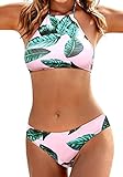 Ekouaer Womens High Neck Swimwear Bikini Swimsuit, X-Small, Green Leaf Pink