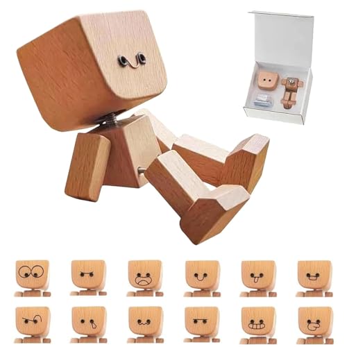 Maylatte Handgefertigte Wackelnde Holzfigur Schüttelmann Autoarmaturenbrett Holzmännchen mit Wackelbeinen witzige Auto-Ornamente & Holz-Dekoration Schreibtisch 12 magnetische Gesichtsausdrücke