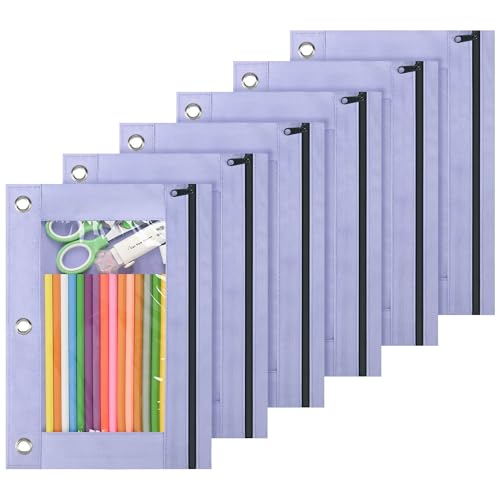Image of Lanpn Pencil Pouch for 3 Ring Binder 6 Pack, Purple Binder Pen Bags with Zipper, Cute 3 Holes Pencil Pouches Organizer for Boy Girl Kids School Student, Reinforced Grommets & Clear Window