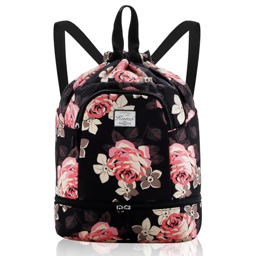 Image of Kamo Drawstring Backpack Bag - Sport Swimming Yoga Backpack with Shoe Compartment, Two Water Bottle Holder for Men Women Large String Backpack Athletic Sackpack for Travel