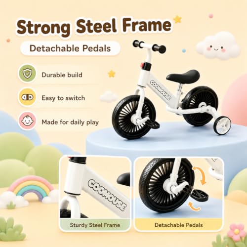 Image of MUMMAMIA 3 in 1 Kids Tricycle, Converts to Balance Bike, 10 Inch Toddler Tricycle, & Bicycle;18 Months to 4 Years - White