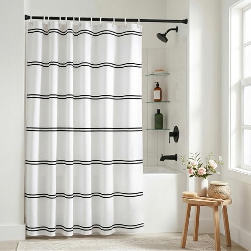 Belora Home Black and White Shower Curtain - PVC-Free & Washable - Boho Modern Farmhouse Bathroom Decor - 72x72 Inches Soft-Touch Polyester Fabric - Scandinavian Striped Design