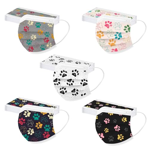 50PCS Paw Print Disposable Face Mask, 3 Ply Cute Pattern Face Masks for Adults Women Full Face Protection (01)