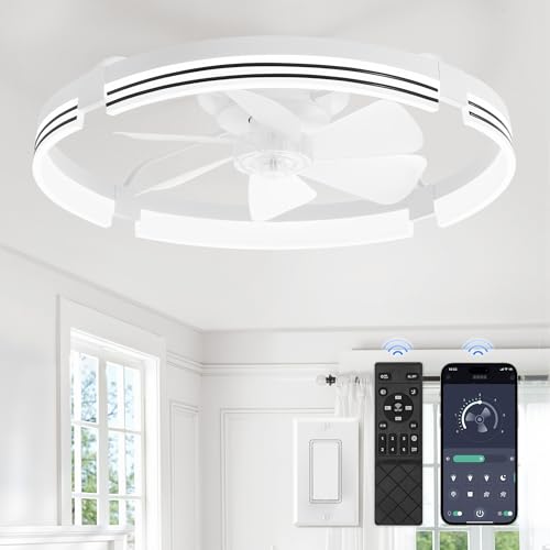 ZMISHIBO 24 Inch Low Profile Ceiling Fans with Lights and Remote, 3000K-6000K Dimmable Fandelier LED Fan Light, Flush Mount Ceiling Fan with Light, 6 Wind Speeds Ceiling Fans for Bedroom- White