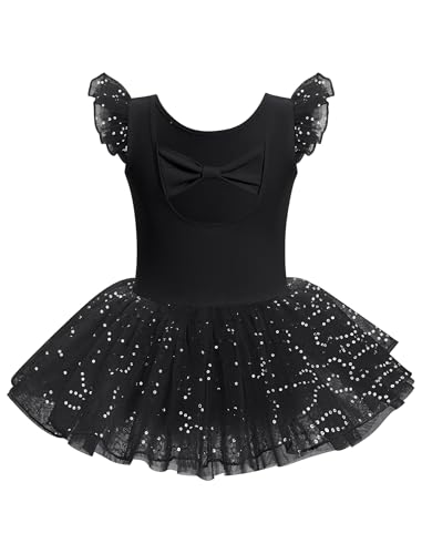AFAVOM Ballet Leotards for Girls Toddler Sparkle Sequin Ballet Dance Leotard Dress Cutout Backless Bowknot Dance Outfits Kids Shiny Ruffle Sleeves Ballerina Dancewear Costume Black 7-8 Years