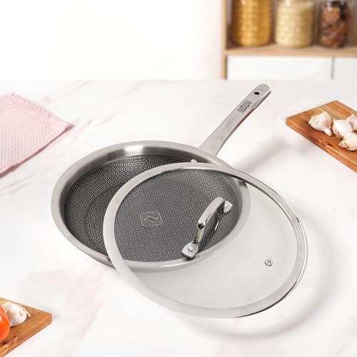 Image of Nestasia Triply Stainless Steel Honeycomb Fry Pan with Glass Lid 24 cm (1.75L) - Non Stick Frying Pan with Air Vent Lid for Healthy Cooking | Induction & Gas Stove Friendly, Even Heating, Less Oil Use