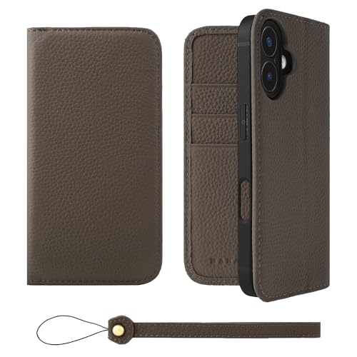 HANATORA iPhone16 ケース 手帳型 本革 スマホケース スマホ スタンド ストラップ 付き シュリンクカーフレザー ギフト ベルトなし マグネットなし トープ H0XA-16-Taupe ギフト 誕生日ギフト 女性 彼女 お母さん お父さん