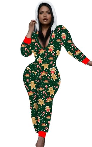 Sangdut Weihnachts Schlafanzug Damen Langärmlig, Warme Onesie Weihnachtspyjama Einteiler Jumpsuit mit Kapuze & Reißverschluss (M, Grün - Keksfigur)