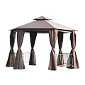 Outsunny 13' x 13' Patio Gazebo, Double Roof Hexagon Outdoor Gazebo Canopy Shelter with Netting & Curtains, Solid Steel Frame for Garden, Lawn, Backyard and Deck, Coffee