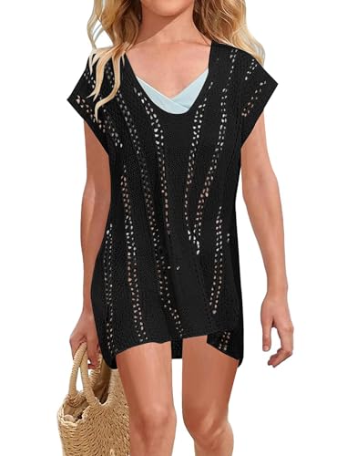 EXARUS Girls Swim Cover Up Crochet Short Sleeve V Neck/Crewneck Swimsuit Boho Summer Hollow Out Short Beach Coverups