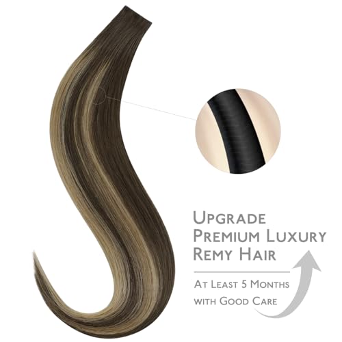 Image of WENNALIFE Invisi Edge Tape in Hair Extensions Human Hair,#4 /27 /4,14 Inch | 14 Inch 50g 20pcs (Invisi Edge & Classic) Balayage Chocolate Brown to Caramel Blonde Invisi Remy Hair Injected