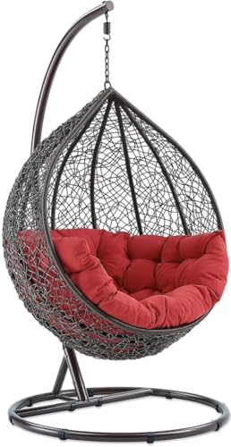Image of Single Seater Swing Chair with Stand & Cushion Outdoor Indoor Balcony Garden Patio, Powder Coated Frame, UV-Protected Wicker, Premium Cushion, Swing Chair (Brown-RED)