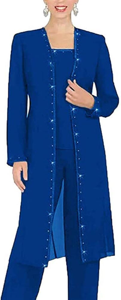 Leader of the Beauty 3 Piece Chiffon Beaded Pant Suits Mother of The Bride Pant Suits with Long Jacket for Women Formal 20 Black