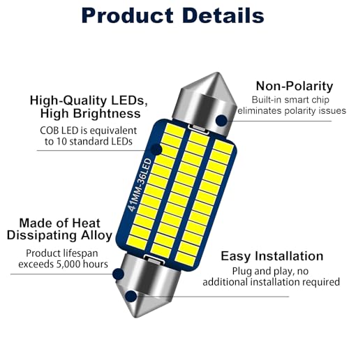 10 Piezas Ampollas Navette LED 12V 41mm C5W Canbus Sin Error Luz Blanca 6000K Súper Brillante Ampolla LED C5W 42mm 5W Plug Play para Coche Interior Plafón Puerta Maletero Placa Instalación Rápida - imagen 2