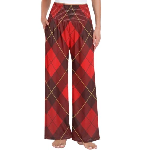 Pantalon large femme rouge argyle à coupe ample et taille haute