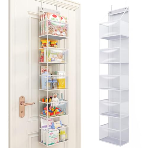 BAKAJI Organizer 5 Ripiani da Porta con Ganci in Metallo e Scaffali PVC Trasparenti, Unità Mensole Salvaspazio Multiuso Capiente, Scaffalatura Bagno, Camera da Letto, Ufficio, Cameretta (Bianco)