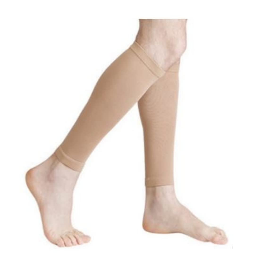 Graduated Compression footless stockings,Calf support for Varicose veins,Calf pain,Swollen calf,Beige,Pair (L)-image-36