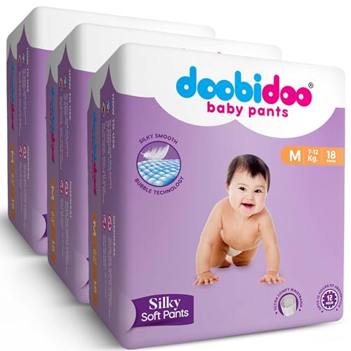 Image of Doobidoo Silky Soft Baby Diaper Pants with High Absorbency, Anti-Leak Side Cuffs, Cottony Bubble Soft, Rash-Free, Medium Size (M) 7-12 Kg, Pack of 3, 54 Count