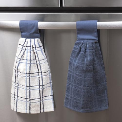 Image of Ritz Premium 100% Cotton Solid and Multi Check Kitchen Tie Towel, Absorbent, Super Soft, and Fast Drying Hang Towel, Set of Two, Federal Blue