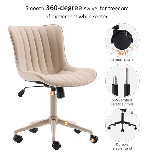 Image of YOUNIKE Office Desk Chair with Wheels Armless Vanity Chair Ergonomic Cream | Faux Leather Upholstered with Rocking Back, Swivel Height Adjustable, Modern Small Cute Task Chair For Sewing Drafting