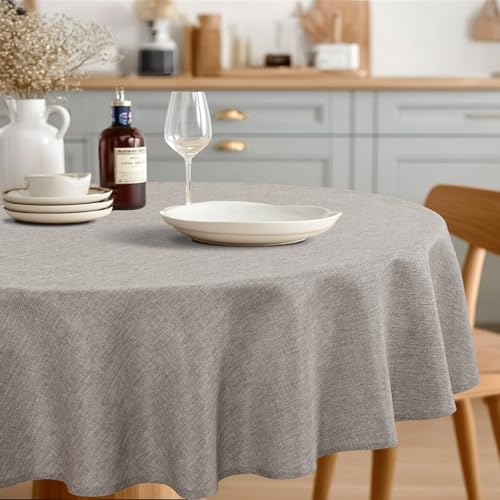 JIUZHEN Faux Linen Round Tablecloths 102 inch, Decorative Wrinkle Free Texture Rustic Circle Table Cloth Cover for Kitchen, Dining, Party, Wedding, Outdoor Use (102 Inch Round,Stone)