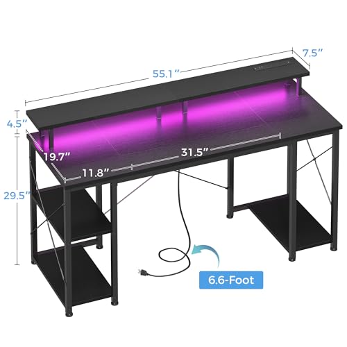 ODK 55 Inches Gaming Desk with LED Lights, Computer Desk with Monitor Stand, Pc Table with CPU Stand, Black - Image 4