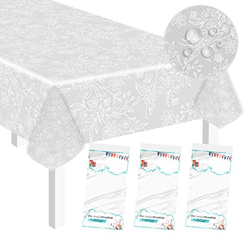 Image of SietDESEO 3 Pack Plastic Lace Tablecloths for Rectangle Tables, 54 x 108 inches, Waterproof Disposable Table Covers for Wedding, Party, Birthday, Camping, White, 10 Seating Capacity