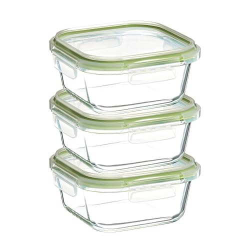 Amazon Brand - Solimo Borosilicate Glass Container with Lids for Kitchen/Tiffin (570ml Each) | Airtight & Leak-Proof | Freezer, Microwave & Dishwasher Safe (Square Shaped) (Set of 3) (Transparent)