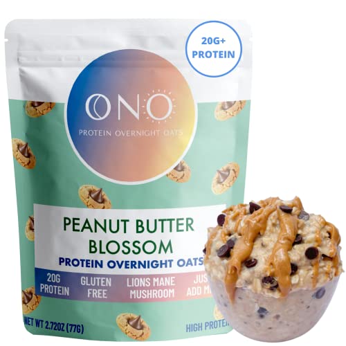 ONO Protein Overnight Oats - Peanut Butter Blossom (6 Pack) - High Protein, High Fiber, and Low Sugar Oatmeal - Organic Gluten-Free Oats, 20g of Protein, Organic Chia Seeds & Flaxseeds, Lion's Mane Mushroom