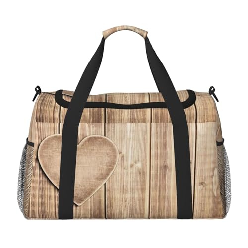 Sac de voyage bois et motif cœur noir, bagage à main robuste unique