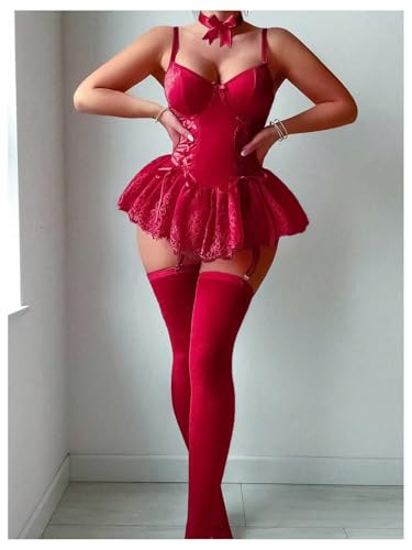 Image of SHENHE Women's Lace Babydoll Garter Lingerie Dress with Thong and Stockings Set