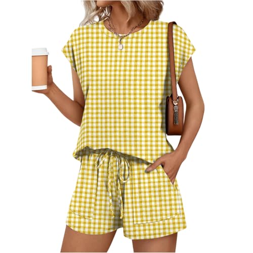 Shorts Sets Women 2 Piece Outfits Striped Lounge Cap Sleeve