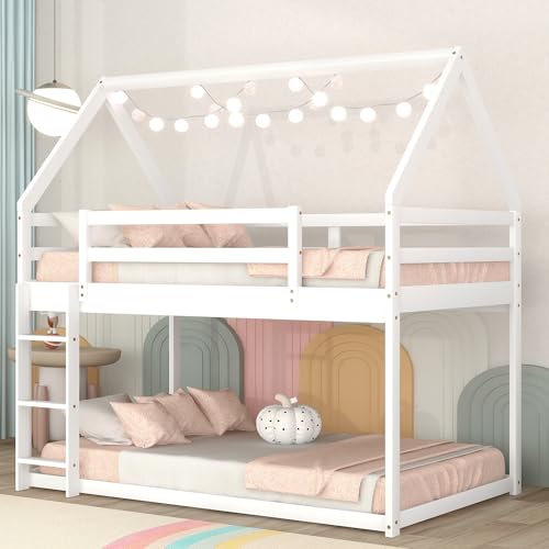 Bellemave Twin Over Twin House Bunk Bed for Kids,Floor Low Bunk Beds with Ladder and Guardrails,Solid Wood Twin Size Bunk Bed for Girls Boys,Twin Over Twin,White